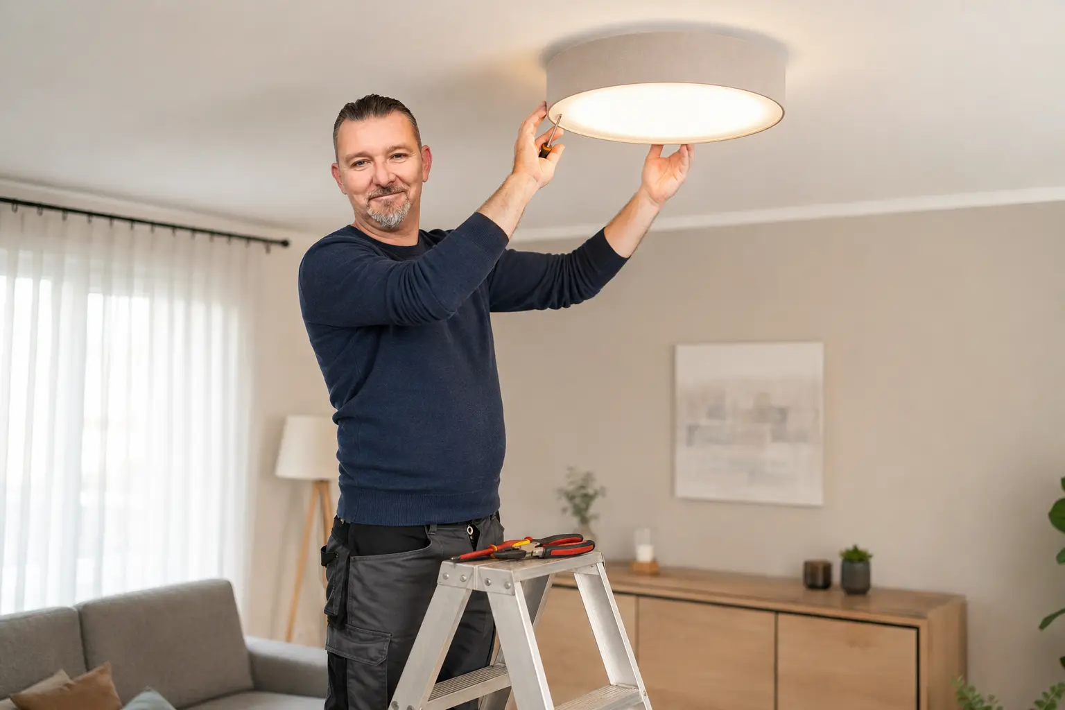 Artisan posant un plafonnier dans un salon à Nancy